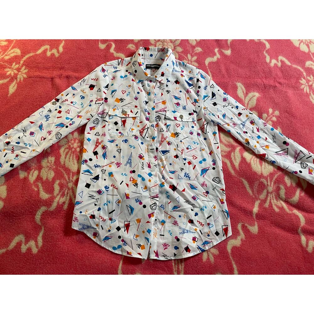 Karl Lagerfeld Paris 90s Print Long Sleeve Blouse button front SZ XS